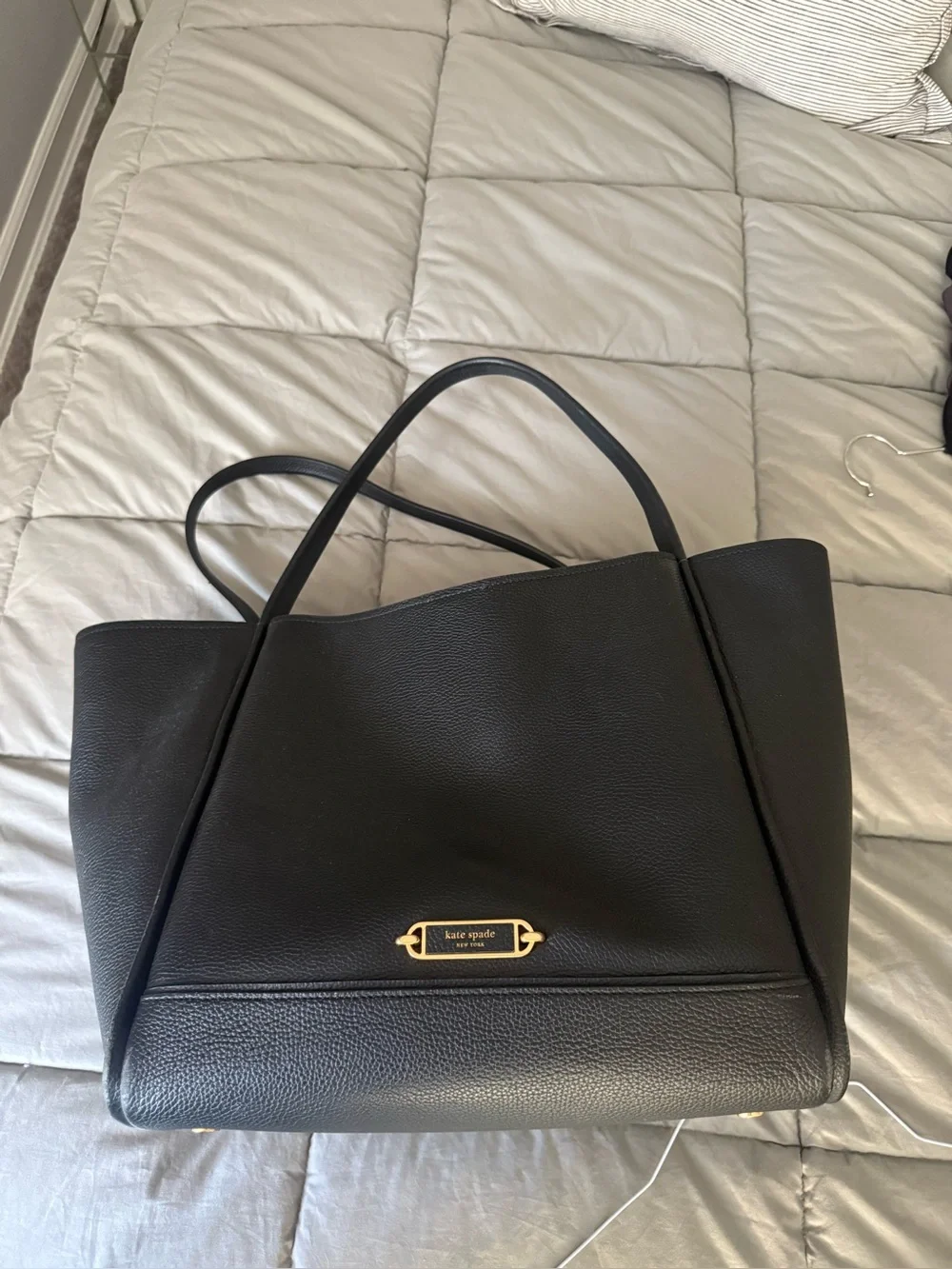 kate spade Black Pebbled Leather Extra-Large Tote with Gold Plaque